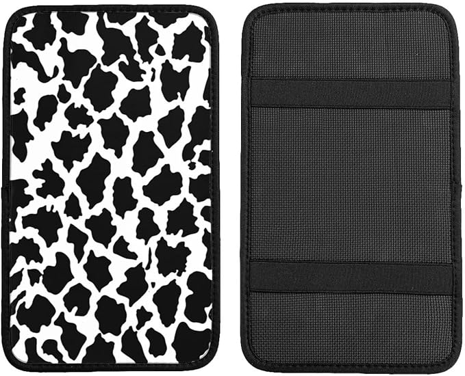Black Center Console Cover for SUV Truck Van Sedans Cute Cow Armrest Pad Protector for Women Men Car Interior Accessories White Armrest Cushion