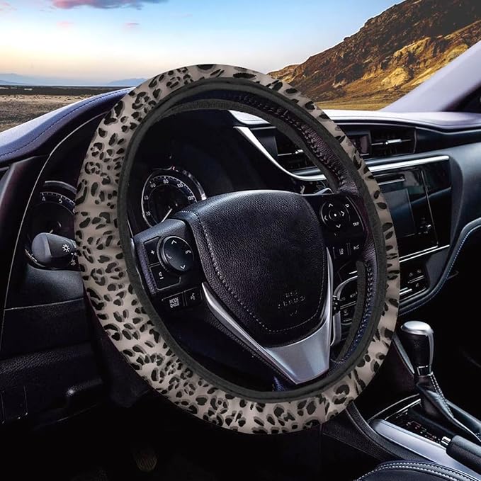 Universal Non-Slip Steering Wheel Cover, 15-inch Polyester Material Driving Accessories, Adjustable for Car and Truck(Vintage Charcoal Leopard)