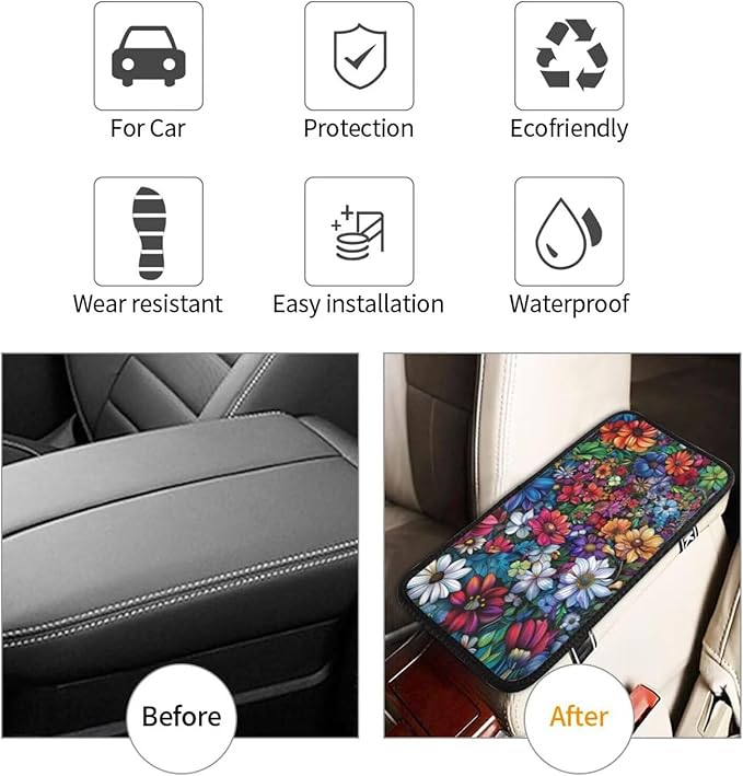 Car Center Console Pad Boho Flower Non-Slip Armrest Cover Floral Mandala Car Center Console Cushion Colorful Blossoms Flower Print Arm Rest Covers