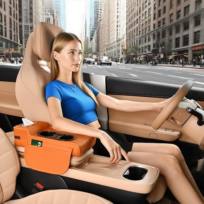 LAFANDE Car Armrest Cushion | Heightening Pad Arm Rest for Car, Center Console Cover with Storage Bags Cup Holder, Tissue Box Slot, Easy to Install and Clean