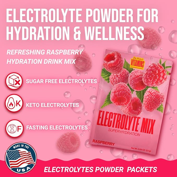 Dr. Price’s Electrolytes Powder Packets – Raspberry, 60 Packets | Sugar Free Electrolytes | Hydration Drink Mix, 72+ Trace Minerals, Keto Electrolytes, Vegan, Doctor-Formulated, Made in USA