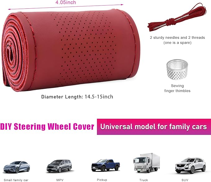 Ziciner Genuine Leather Steering Wheel Cover, Stitch on Wrap, Breathable Anti-Slip Car Steering Wheel Protector for Max Diameter 15 Inch, DIY Sewing with Needles Thread (Wine Red, Middle Hole)