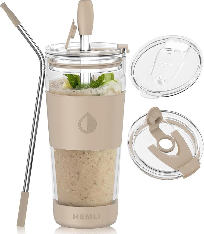 19 oz. Clear Double Wall Glass Coffee Tumbler, To Go Glass Travel Mug with Lid and Straw, Reusable Cup Tea, Smoothies, Ice Coffee, and Boba (White Biege)