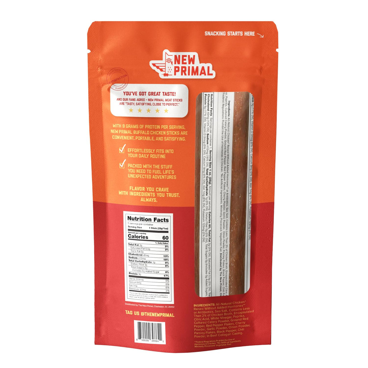 New Primal Buffalo Chicken Sticks, Keto, Gluten Free Healthy Snacks, Sugar Free Low Carb High Protein, Jerky Meat Stick, 9g Protein, 5 Pack