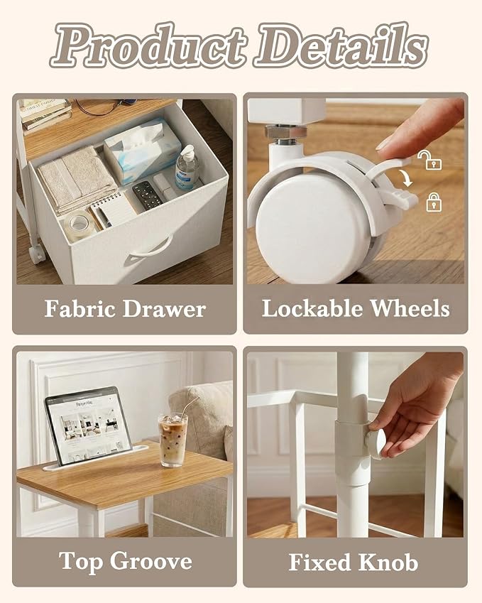 Faesun Swivel Lift Top Nightstand with Charging Station, Rolling Side Table for Recliner, Bedside Table with Wheels & a Fabric Drawer, for Small Spaces, for Bedroom, Living Room, Oak White