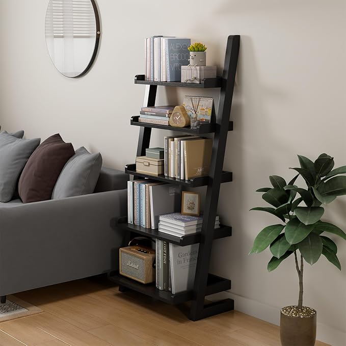 AQIMUELE Black Wooden Ladder Shelf with Edges, 5-Tier Modern Leaning Bookshelf Ladder – Stylish Space-Saving Bookcase for Living Room, Bedroom & Home Office
