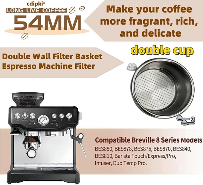 2 Cup Dual Wall Coffee Filter Basket, 54mm Pressurized Filter Basket Compatible with Breville Barista Series/Bambino Plus/Infuser/ BES860XL 8 Series Touch and Impress Espresso Machines