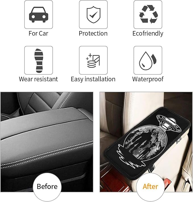 UFO Alien and Bigfoot Moon Car Armrest Pads Auto Seat Handrail Box Decoration Cushion Fit for Most Vehicles Accessories, Universal Car Center Console Cover Pad Protector Funny Design
