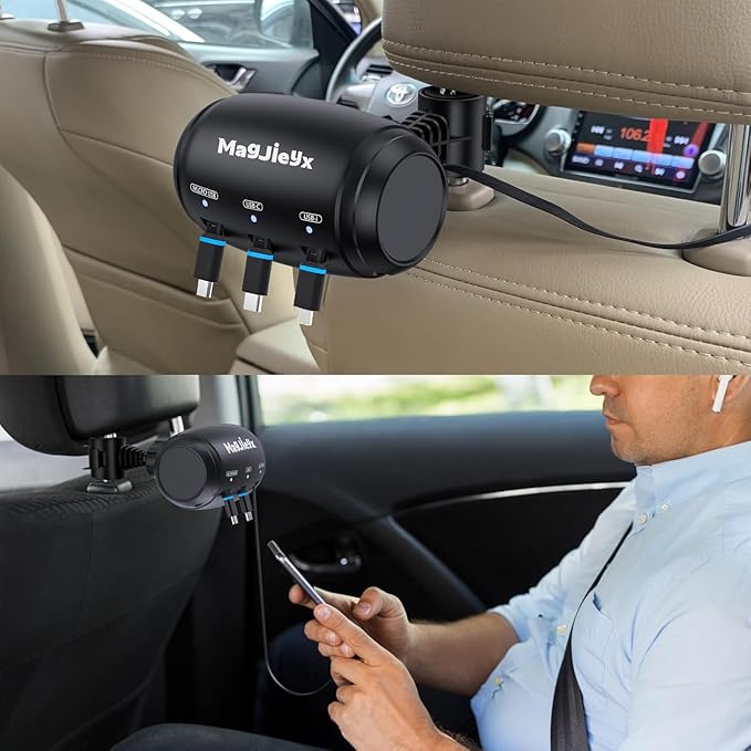 Multi Retractable Car Charger Station, Headrest 3 in 1 Charging Box Share Ride Dock for Backseat with Fast 36W QC 3.0 Charger Adapter for All Phones|iPhone16/15/14|Samsung|iPad|Android
