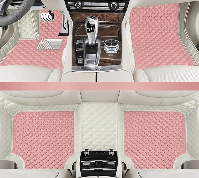 Customize Making Car Floor Mats for 99.99% Sedan SUV Pickup Truck Full Coverage Men Women Cute Leather Protection Pads Non-Slip Floor Liners (White+Sakura Pink)