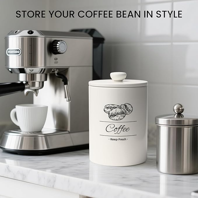 Airtight Coffee Canister - 66 fl oz / 2L Large White Ceramic Coffee Container Airtight - 5.5'' Round × 8.2'' Tall Coffee Bean Storage - Stylish Ceramic Coffee Jar With Lid for Grounds & Beans