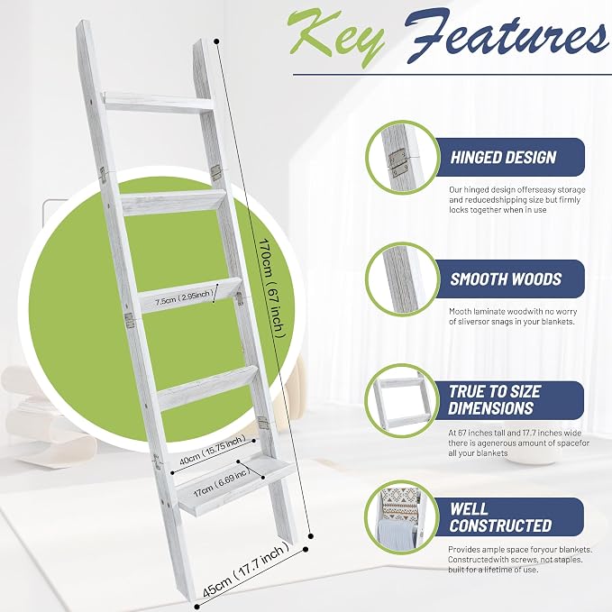 67" Wooden Blanket Ladders for The Living Room,5-Tier Ladder Shelf, Ladder Rack for Storage and Decor (Weathered White)