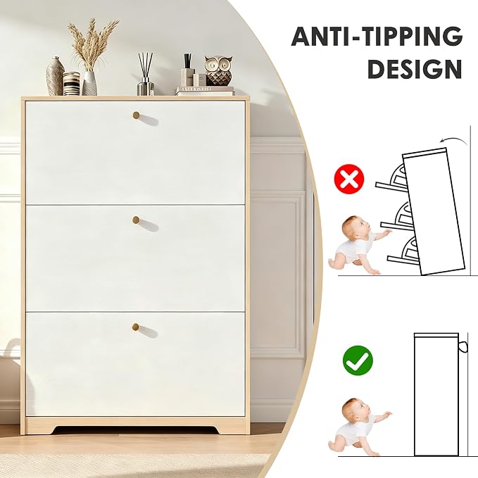Nicetree Shoe Cabinet with 3 Flip Drawers，Freestanding Shoe Storage Cabinet, Narrow Shoe Organizer Cabinet, Farmhouse Slim Shoe Rack Cabinet for Entryway, Natural Oak and White with Hook