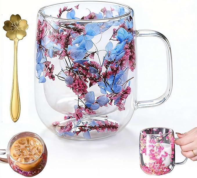 15.2Oz Double Glass Flower Tea Cup,Dried Flowers Insulated Glass Double Wall Coffee Mug With Handle,Transparent Doubles Glases Flower Tea Cup Latte Coffee Cups,Valentines Day Party Gifts