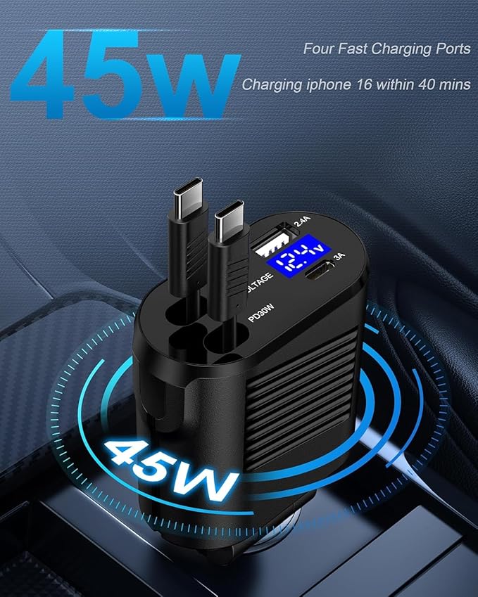 4-in-1 Retractable Car Charger Fast Charging Dual USB Ports & USB C Cables, USBC for iPhone 17 16e 16 Pro Max 16Pro 15 Plus Samsung Galaxy Cigarette Lighter Cargodor C Type Cord Android Car Charger