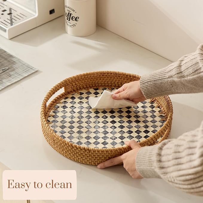 YANGQIHOME Round Rattan Tray with Handle, Mother of Pearl Inlay Decorative Wicker Basket for Coffee, Bread, Fruits, Serving Tray for Home Decor, Checkerboard