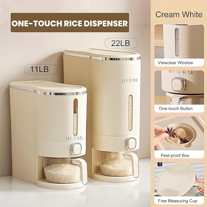 UFORU Rice Dispenser, Rice Storage Container with Measuring Cup for Kitchen Pantry Household, Dry Food Storage Containers Airtight, Sealed Moisture Proof, Cream White 11 Lbs