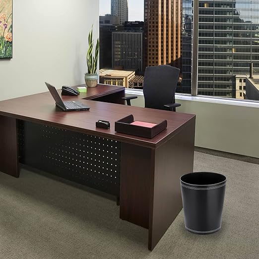 Sumnacon Round Leather Waste Basket,Small Classic PU Trash Garbage Can Under Desk Cabinet, Contemporary Wastebasket Bin for Home Office Laundry Room Living Room Bathroom Office,Black