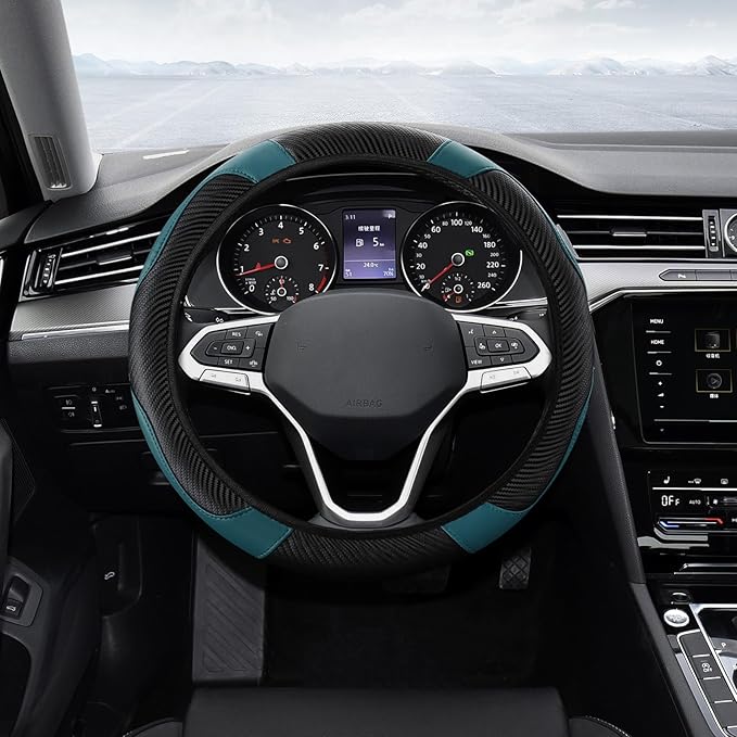 Car Steering Wheel Cover, Steering Wheel Protector, Universal 14.5-15 Inch Microfiber Leather Breathable Auto Steering Wheel Covers, Carbon Fiber Steering Wheel Cover for Women Men (Dark Green)