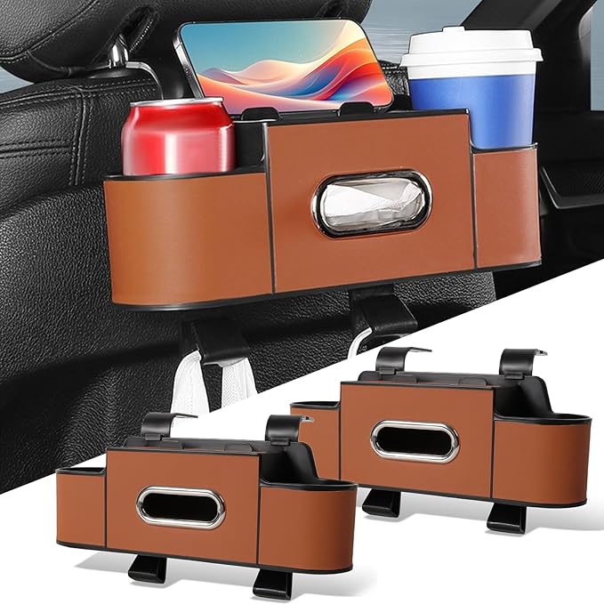 2026 New Car Organizer Back Seat, Car Organizers and Storage Box Behind Seat, 3-in-1 Multifunctional Car Backseat Organizer with Cup Holder & Tissue Box for Hold Phone, Snacks, Drinks, Handbag (D*2)