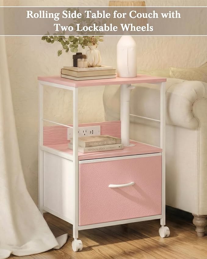 Faesun Swivel Lift Top Nightstand with Charging Station, Rolling Side Table for Recliner, Bedside Table with Wheels & a Fabric Drawer, for Small Spaces, for Bedroom, Living Room, Pink