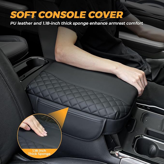 FUNY Center Console Cover Compatible with 2019-2025 Silverado Sierra, Middle Console Cover Lid, Car Arm Rest Covers Cushion Pad, Bucket Seat Middle Console Armrest Box Leather Protective Cover