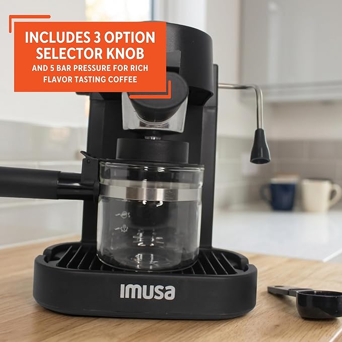 IMUSA Electric Espresso Cappuccino Maker 4 Cup Capacity with Milk Frother Black Coffee Machine for Home Barista Experience