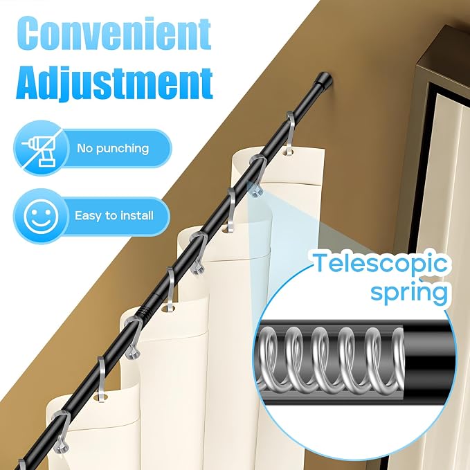 AIZESI 2pcs Adjustable Curtain Rod No Drilling Black Spring Tension Rod Adjusting Length 31 to 54 Inch Small Expandable Loaded Curtain Rods for Windows, Cupboard, Kitchen Cabinets,Bathroom