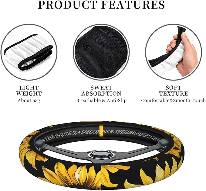 Steering Wheel Cover Polyester Thick Non-Slip Car Steering Wheel Cover Protector Universal 15 Inch, Yellow Sunflower Theme
