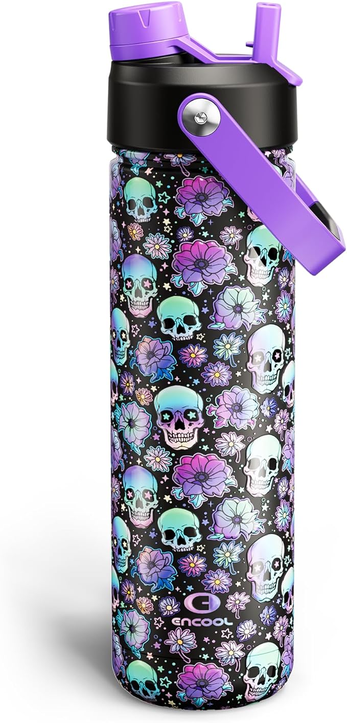 ENCOOL Insulated Water Bottle with Straw Stainless Steel Water Bottle, Leak-Proof, BPA-Free, Double Wall Vacuum Keeps Cold for 24 Hours for Sports, Travel, School (26 oz, Floral Afterlife)