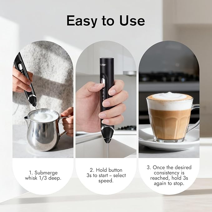 RAFOW Handheld Electric Milk Frother: Rechargeable Frother Wand with Stand, 3 Speeds & Detachable Double Whisk Drink Mixer, Froth Stirrer for Latte, Cappuccino, Cream, Matcha, Dalgona Coffee - Black