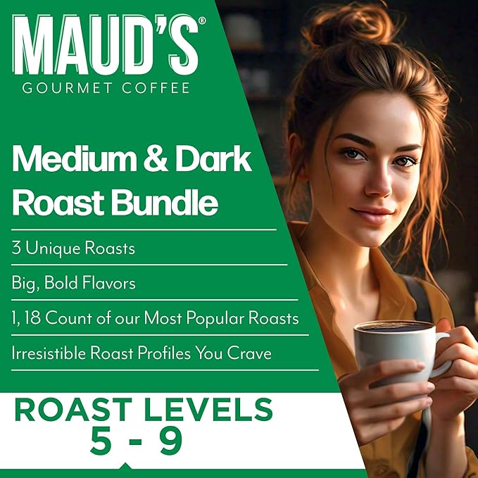 Maud's Dark Roast, Medium Roast & French Roast Coffee Pods Bundle, 54 ct, Single Serve Pods – 100% Arabica Coffee, Compatible with Keurig K Cups Maker