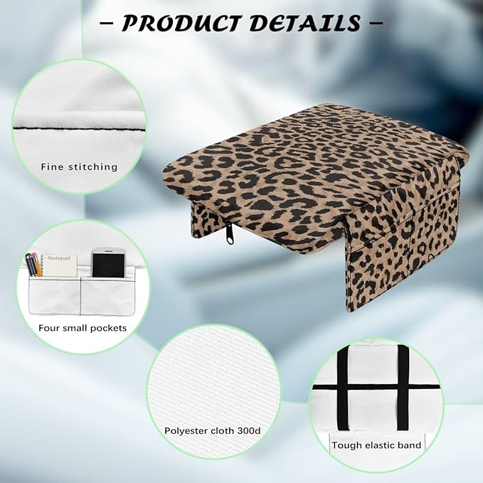 Dreaweet Brown Leopard Print Center Console Cover Thick Arm Rest Cover for Car Women Cheetah Car Accessories Interior Middle Console Cushion Cover Pad with Pockets
