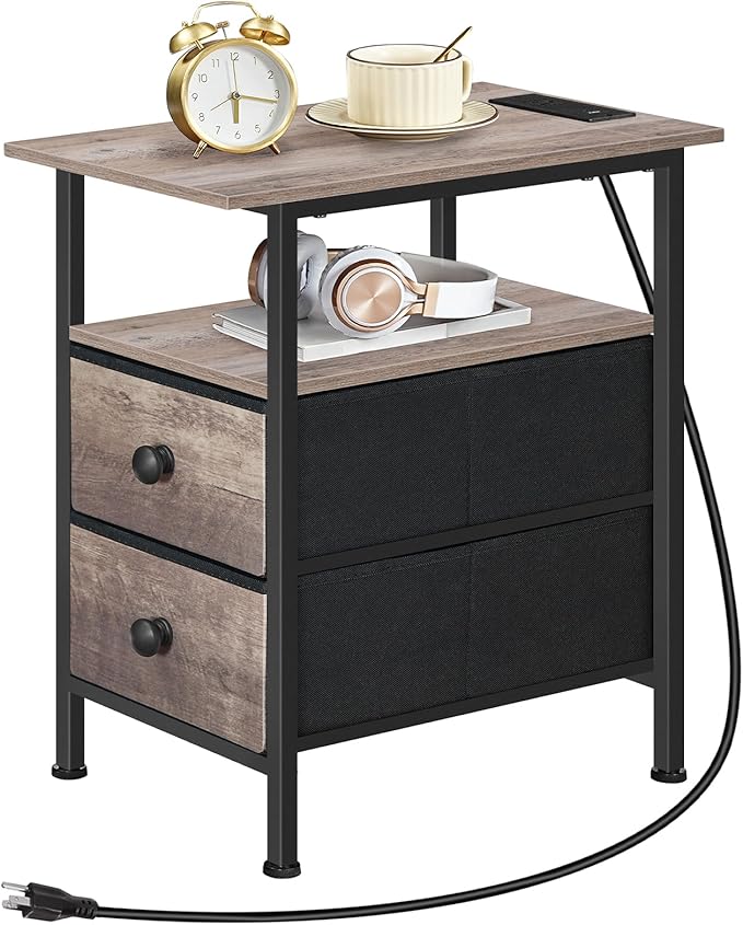 HOOBRO End Table with Charging Station, Narrow Side Table, Nightstand with 2 Non-Woven Drawers, Slim Sofa Side Table, for Small Spaces, Living Room, Bedroom, Greige and Black BG486UBZ01