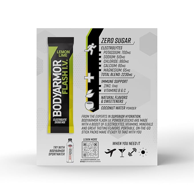 BODYARMOR Flash IV Electrolyte Packets, Lemon Lime - Zero Sugar Drink Mix, Single Serve Packs, Coconut Water Powder (15 Count)
