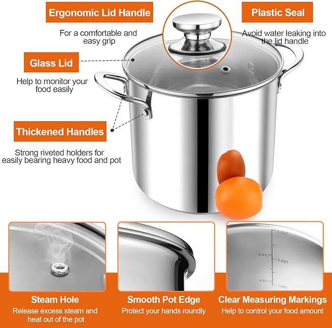 P&P CHEF 8 Quart Stainless Steel Stock Pot with Lid, Large Stockpot for Cooking Pasta Soup, Cookware for Induction Gas Electric Stoves, Visible Lid & Measuring Markings, Dishwasher Safe