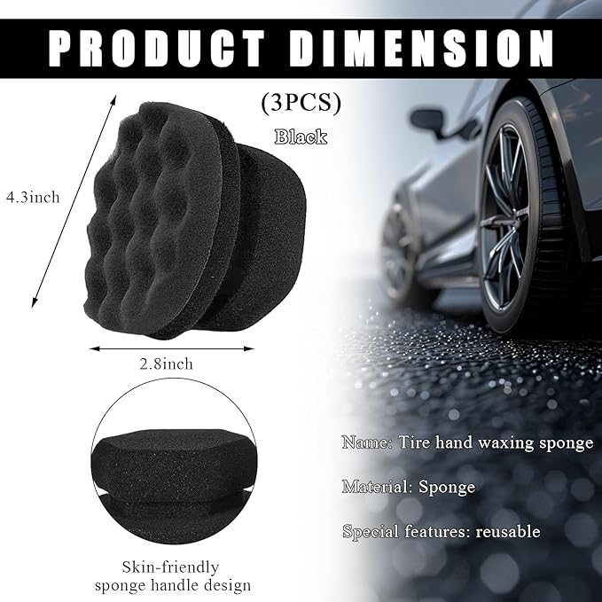 3 PCS Tire Dressing Applicator Pads, Reusable Hex Grip Tire Shine Applicator Polishing Sponge Pads, Wheel Tire Shine Detailing Foam for Most Vehicles, Car Accessories (Black, 4.33")