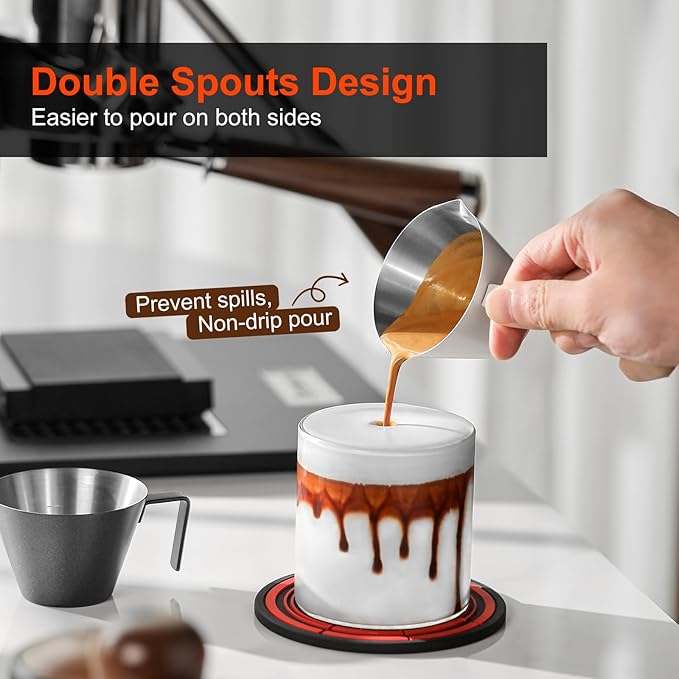 MHW-3BOMBER Espresso Measuring Cups, Double Spouts Stainless Steel Espresso Pour Cup, Espresso Shot Cups with Handle Scale, Metal Measuring Cups with V-Shaped Mouth, 3.4OZ/100ML Silver G5146BL-OS