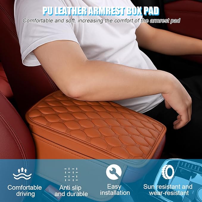 Car Center Console Cover, Leather Vehicle Armrest Cover Cushion with 2 Storage Bags, Automotive Interior Arm Rest Seat Box Pad Accessories, Universal for SUV Sedan Truck (Brown)