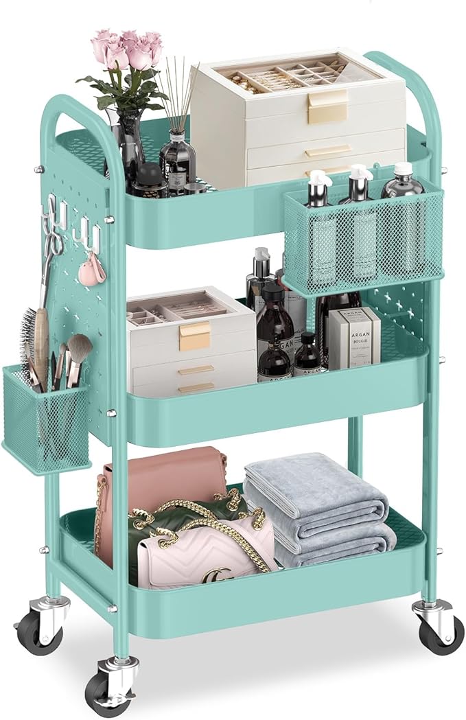 ALVOROG 3 Tier Rolling Cart with DIY Pegboards Metal Utility Cart with Wheels Handles Baskets Hooks, Craft Cart for Office Kitchen Bathroom(Tiffany Blue)