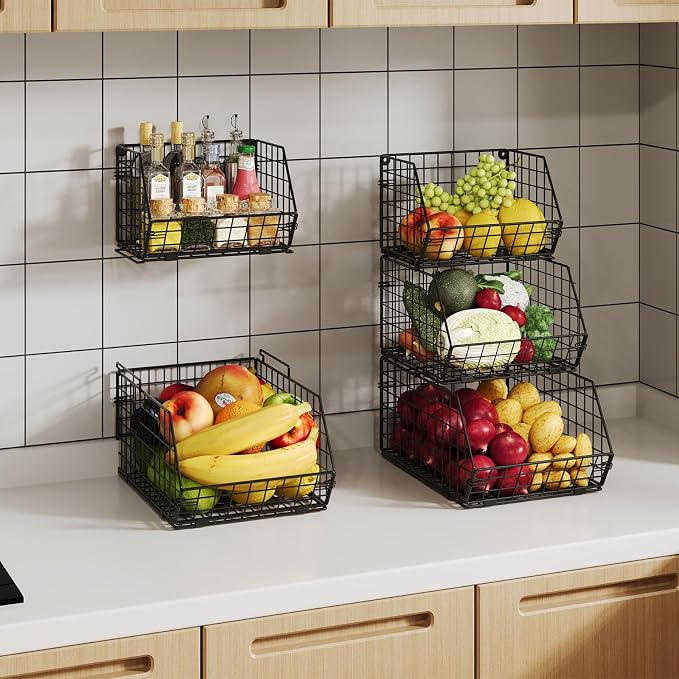 3-Tier Stackable Wire Baskets for Counter, Fruit and Vegetable Storage, Potato and Onion Storage Bin，Kitchen Pantry Organizer - Wall Basket for Produce/Snack/Can, Black