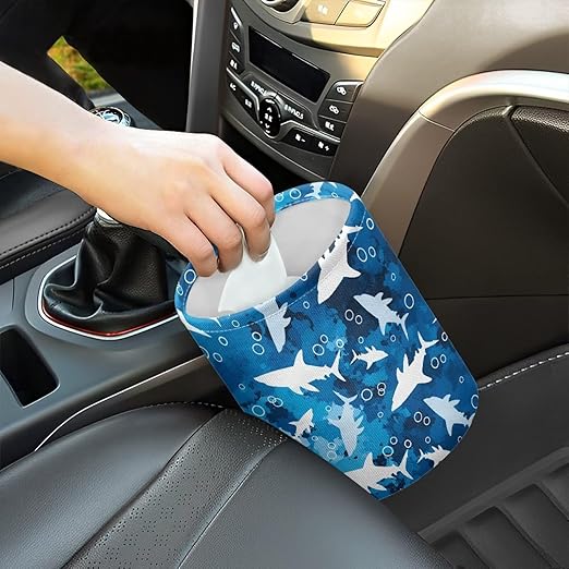 Blue Shark Car Trash Bin Hanging, Waste Basket - Cute, Portable, Collapsible, Waterproof Rubbish Bag for Back Seat, Floor, or Hanging Headrest