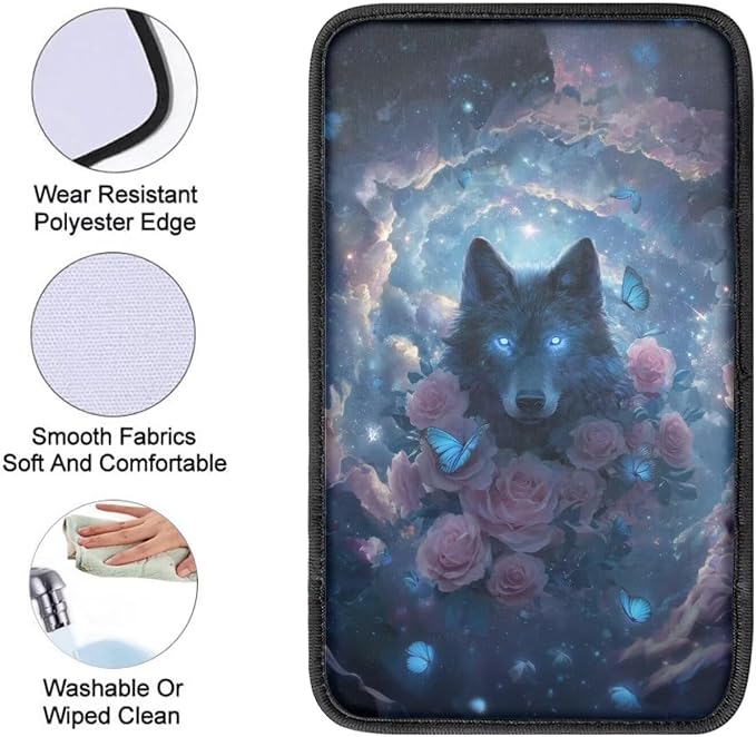 Wolf Rose Print Car Arm Rest Cover Pad Dust-Proof Anti-Slip Center Console Cushion Pad Universal Car Interior Decor Accessories for Truck Sedan SUV, Easy to Install