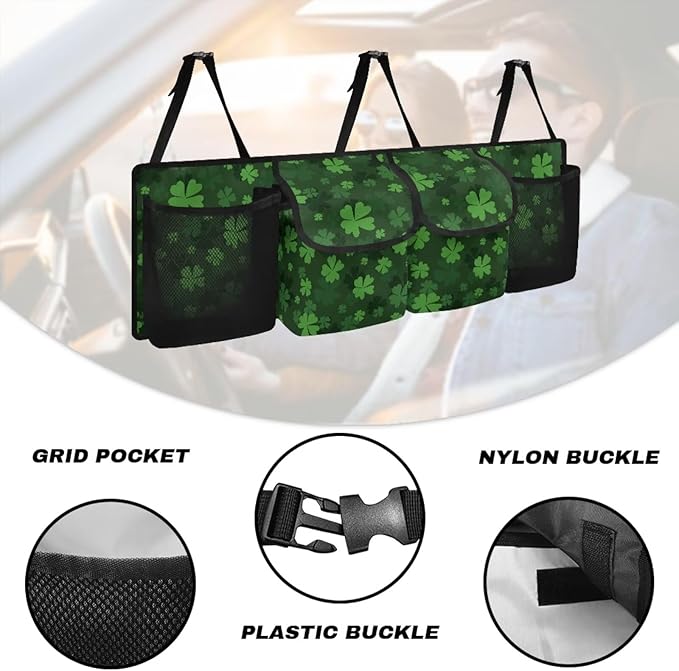 Trunk Organizer for Suv Car Trunk Organizers for Women Green Leaf Car Storage Organizer, St Patrick's Day Decor Space-Saving Car Backseat Organizers Easy to Install Car Basket Organizer