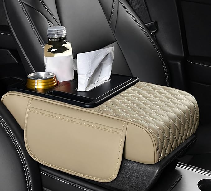 Car Armrest Center Console Cover for Toyota Prius (XW20) 2.Gen 2003 2004 2005 2006 2007 2008 2009 2010, Center Console Pad with Cup Holder, Multifunctional Armrest Cushion,E Beige
