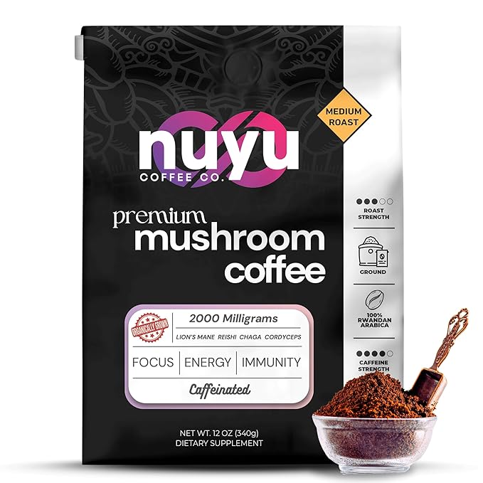 Nuyu Medium Roast Premium Mushroom Coffee, 12 oz, Specialty Ground 100% Arabica, 2000mg Functional Mushrooms, Lion's Mane, Reishi, Chaga, Cordyceps for Cognition, Energy and Wellness