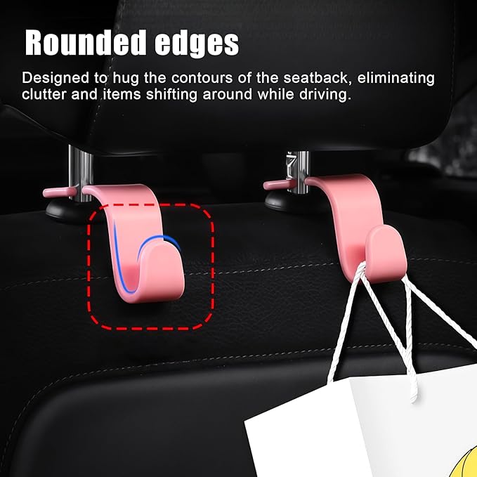 4 PCS Car Headrest Hooks - 360 Rotatable Auto Back Seat Storage Organizer, Universal Vehicle Car Organization Hangers for Purses, Bags, Cloths & Water Bottles Hook Seat Accessories, Pink