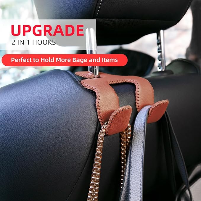 Headrest Hooks for Purses and Bags, Car Back Seat Organizer 2024 Upgraded 2 in 1 Durable Leather Hanger Holder Hook Car Interior Accessories,1-Pack,Brown