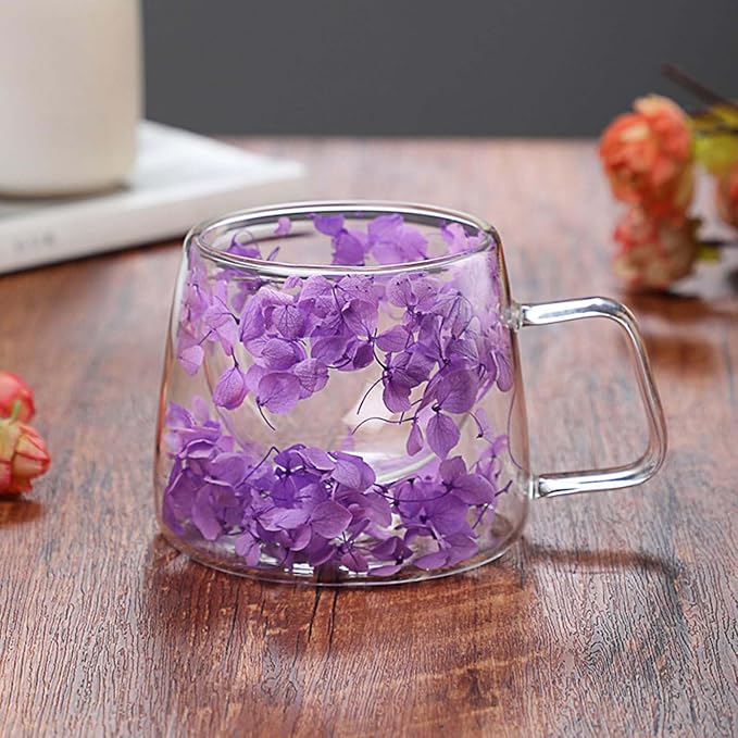 Generic Double Wall Insulated Glass Cup,Dried Flower Mug with Handle,Creative Transparent Coffee Cups,Gift for Women Mom Female (Purple)