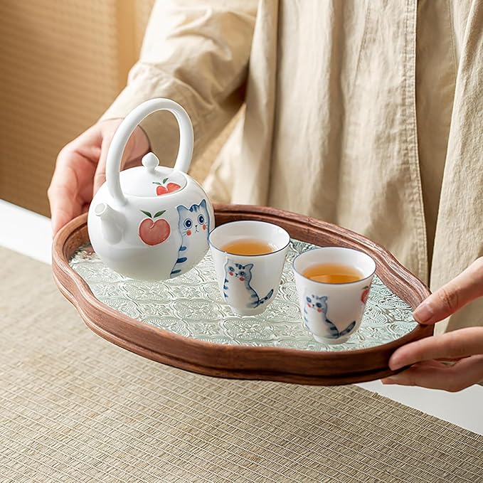 IwaiLoft Glass Serving Tray with The Crabapple Pattern Glass and Walnut for Kitchen Countertop Home Decor for Coffee Table, Also Suitable for Tea Coffee Decorative Trays (Clear,11.4" x 7.8" x 1")